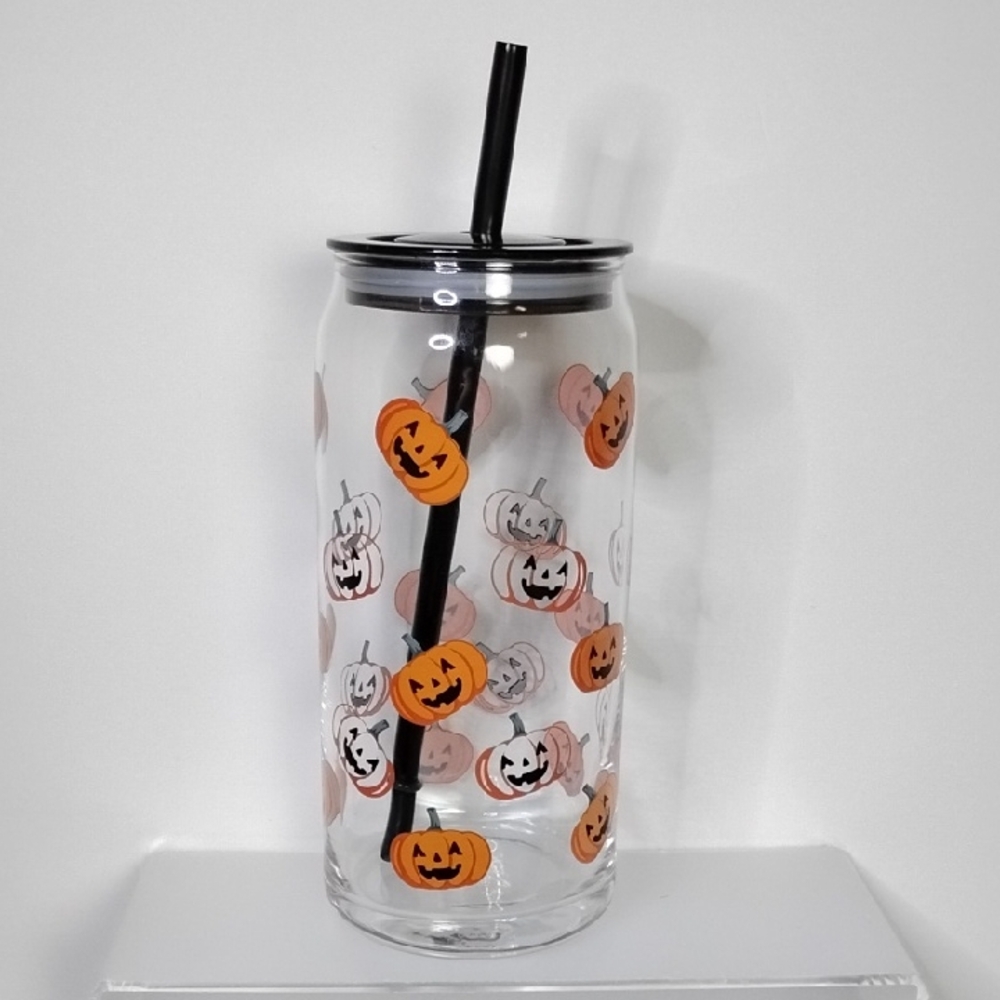 Summerween Halloween Pumpkin Glass Can Tumbler with Straw 6.5" Spooky Cute